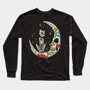 Sugar Skull Moon Cat Mexican Day of Dead Dia De Los Muertos Long Sleeve T-Shirt